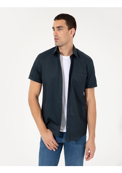 Lacivert Regular Fit Kısa Kollu Gömlek