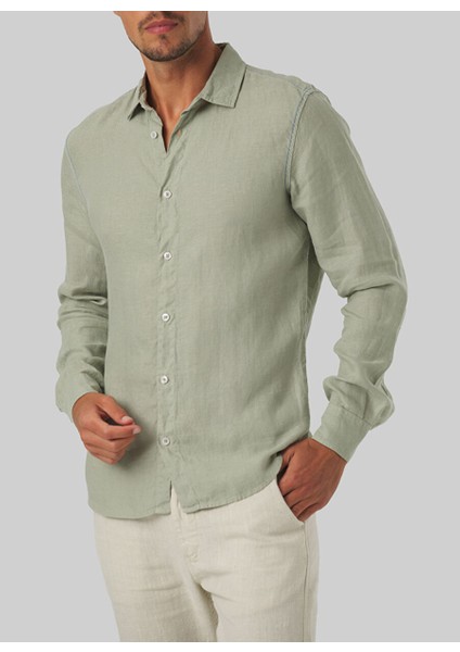 Standart Düğmeli Yaka Açık Haki Erkek Gömlek Mr Linen Shirt