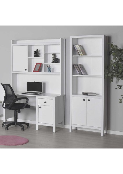 Rustik 5 Raflı Kapaklı Kitaplık-Mat Beyaz 66X196X32 cm (Gxyxd)
