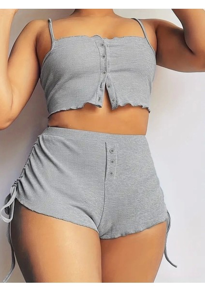 Kadın Ip Askılı Crop Bluz ve Yanlardan Büzgülü Ikili Kaşkorse Short Takım