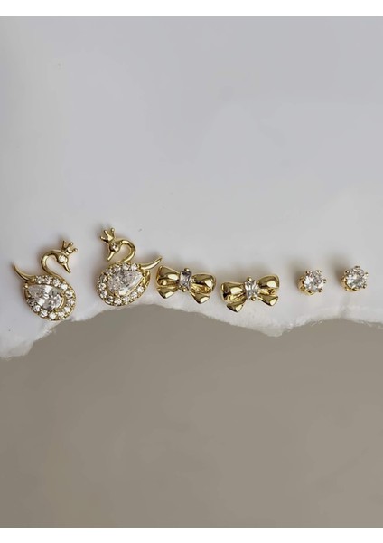6'lı Kuğu Fiyonk Model Minima Altın Kaplama Gold Renkli Küpe Seti