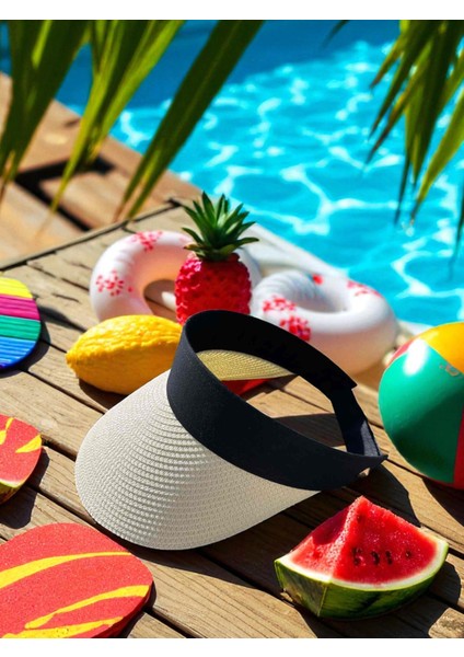 Yazlık Şapka Hasır Kadın Vizör Şapka - Açık Bej