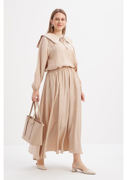 Bej-Lastikli Basic Etek