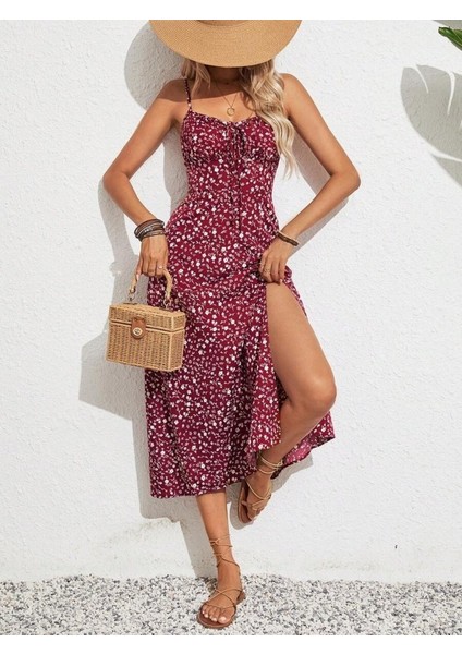 Kadın Ip Askılı Geniş V Yaka Bağcıklı Yandan Yırtmaçlı Çiçek Desenli Midi Süprem Elbise modelleri