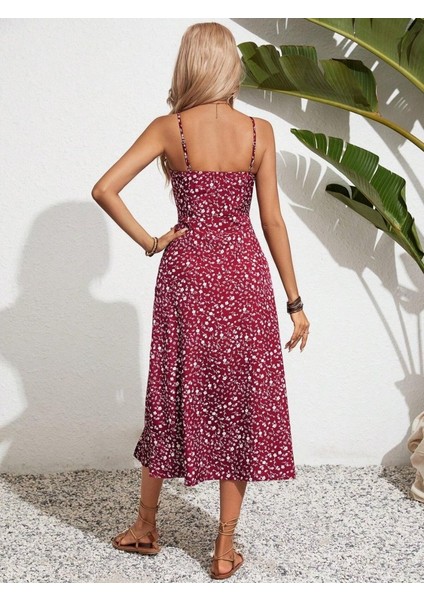 Kadın Ip Askılı Geniş V Yaka Bağcıklı Yandan Yırtmaçlı Çiçek Desenli Midi Süprem Elbise fırsatları