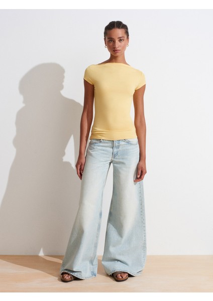 31855 Kayık Yaka T-Shirt-Sarı indirimleri