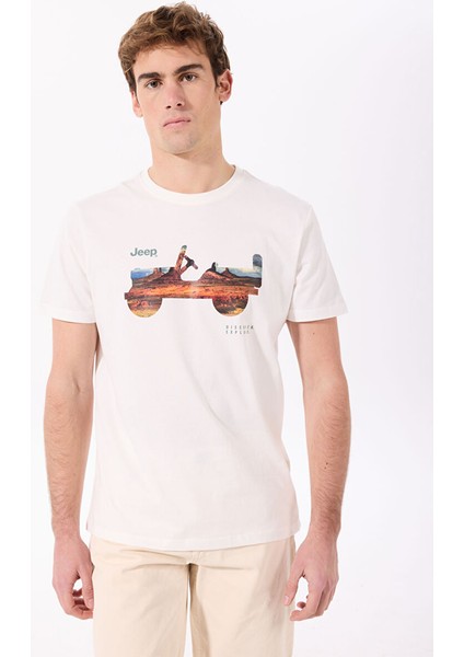 Kırık Beyaz Erkek Bisiklet Yaka Relaxed Baskılı T-Shirt J4SM-TST7255