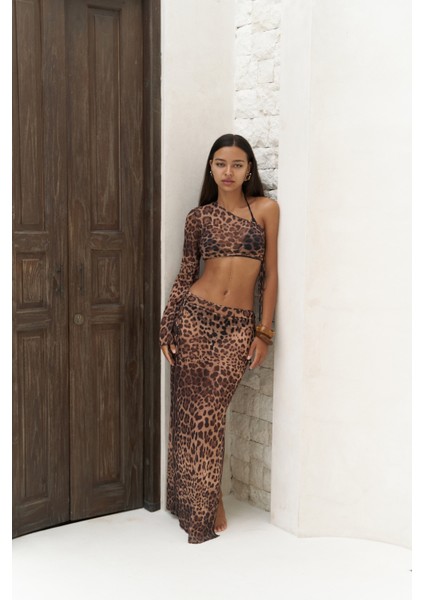 Efthimos Tek Omuz Leopar Desenli Crop Etek Takım