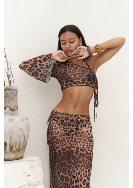 Efthimos Tek Omuz Leopar Desenli Crop Etek Takım