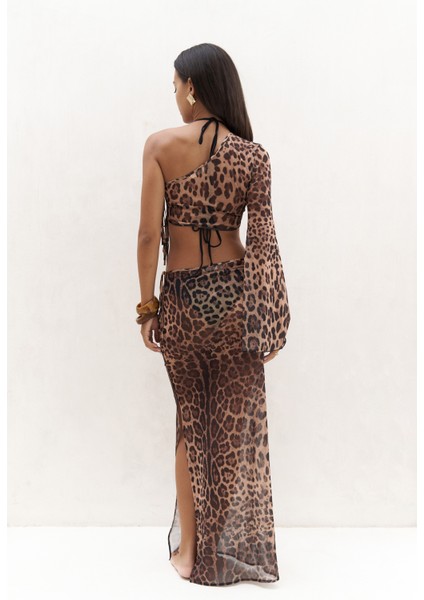 Efthimos Tek Omuz Leopar Desenli Crop Etek Takım