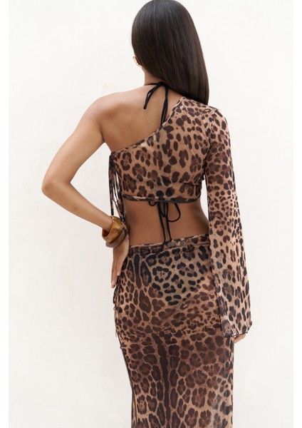 Efthimos Tek Omuz Leopar Desenli Crop Etek Takım