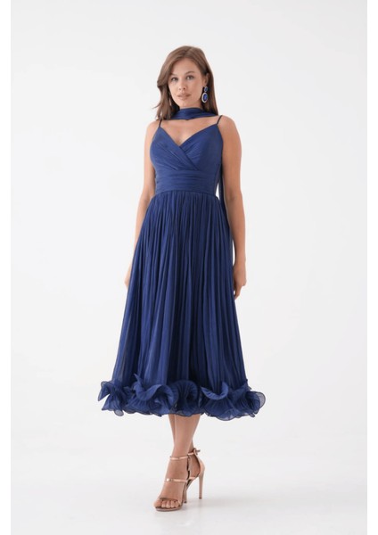 Kırinkıl Saten Kumaş Askılı Midi Boy Elbise - Lacivert