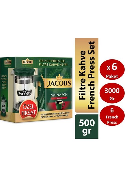 Monarch Aromalı Filtre Kahve 500 gr x 6 Paket + 6 Adet French Press Seti