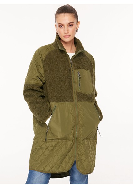Haki Kadın Kaban Onlohıo Quılt Mıx Fleece Coat cc Ot modelleri