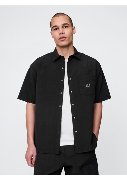 Erkek Siyah %100 Geri Dönüştürülmüş Relaxed Gömlek