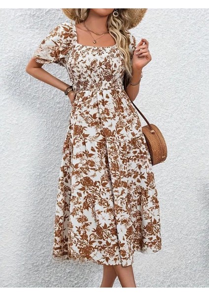 Kadın Kısa Kollu Kare Yakalı Lastikli Desenli Süprem Elbise fırsatları