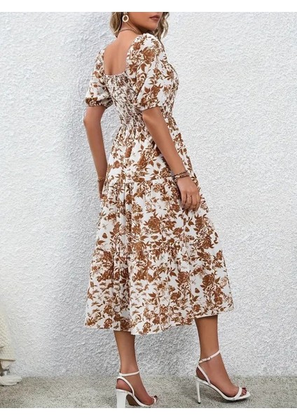 Kadın Kısa Kollu Kare Yakalı Lastikli Desenli Süprem Elbise indirimleri