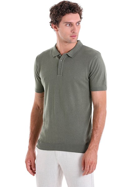 Haki Regular Fit Düz Pamuklu Polo Yaka Triko Tişört