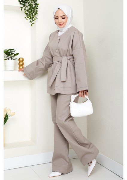Kemerli Ceket Pantolon Gabardin Takım 1557 - Taş modelleri