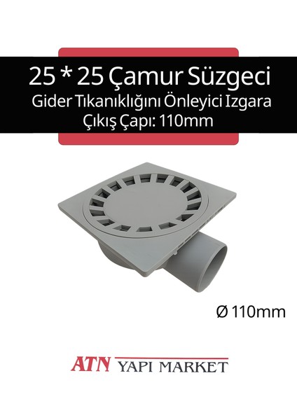 25X25 Çamur Sifonu Ø110 Yan Çıkışlı - Koku Önleyici Gider - Gider Tıkanıklığını Önleyici Yer Izgarası