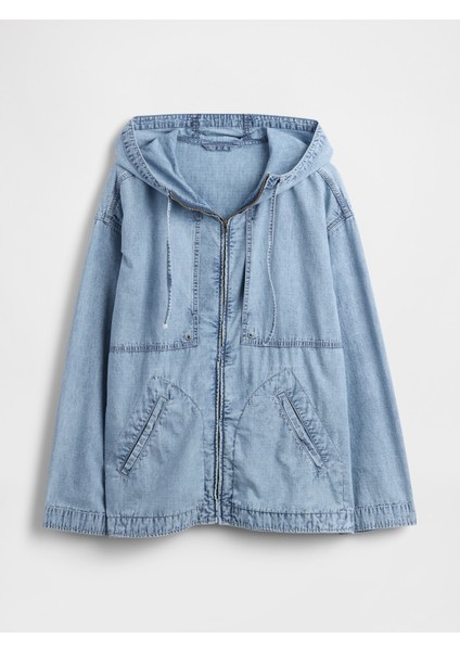 Erkek Mavi Denim Ripstop Oversize Fermuarlı Ceket