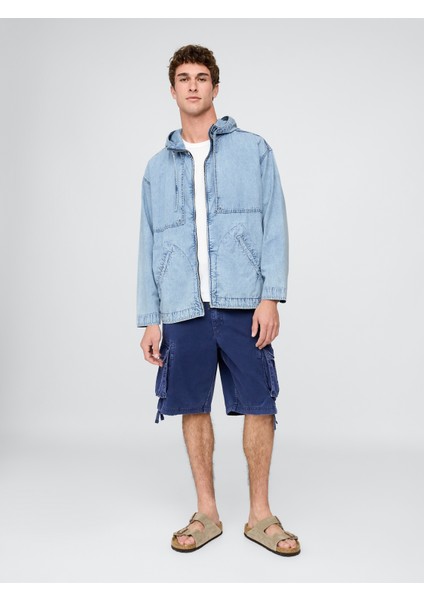 Erkek Mavi Denim Ripstop Oversize Fermuarlı Ceket indirimleri