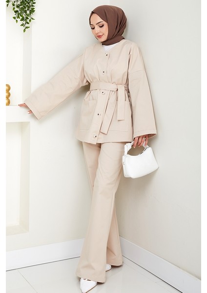 Kemerli Ceket Pantolon Gabardin Takım 1557 - Bej