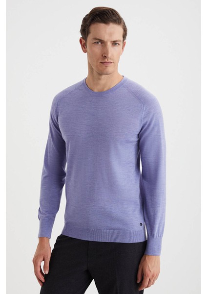 Slim Fit Bisiklet Yaka Açık Mor Merino Yün Triko