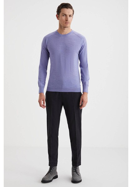 Slim Fit Bisiklet Yaka Açık Mor Merino Yün Triko
