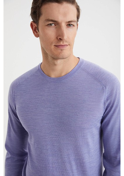 Slim Fit Bisiklet Yaka Açık Mor Merino Yün Triko