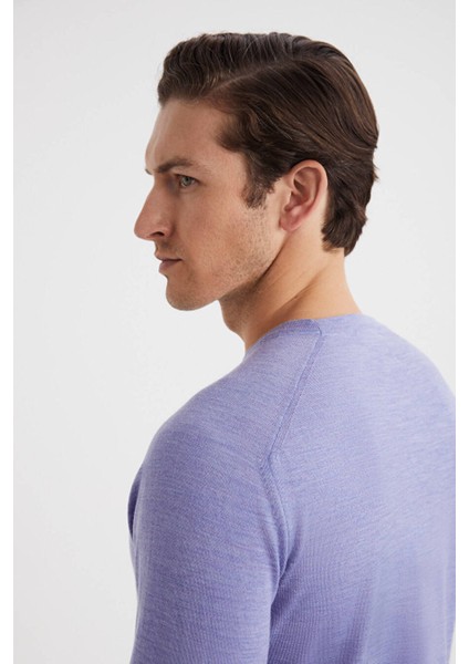 Slim Fit Bisiklet Yaka Açık Mor Merino Yün Triko