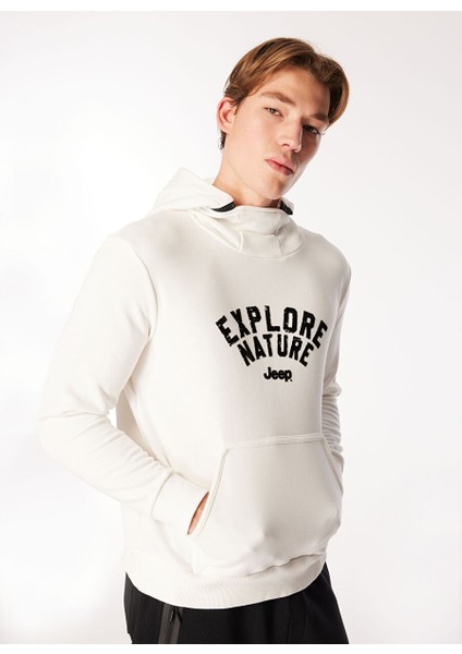 Relaxed Çıkarılabilir Kapüşonlu Baskılı Ekru Erkek Sweatshirt C4WM-SWT4267