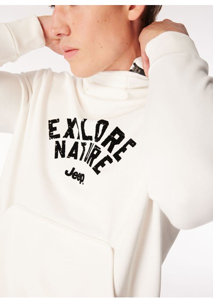 Relaxed Çıkarılabilir Kapüşonlu Baskılı Ekru Erkek Sweatshirt C4WM-SWT4267