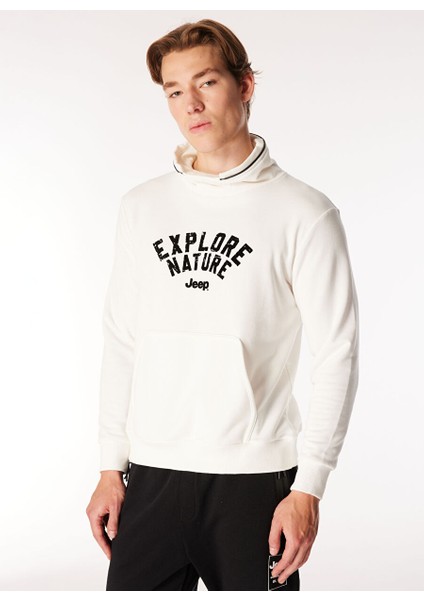 Relaxed Çıkarılabilir Kapüşonlu Baskılı Ekru Erkek Sweatshirt C4WM-SWT4267
