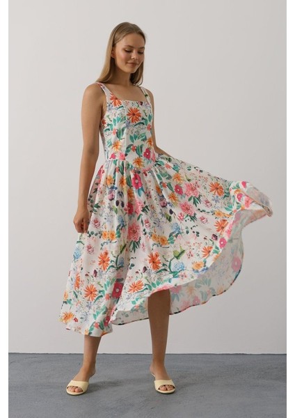 Çiçek Desenli Askılı Elbise - Pembe Çiçek