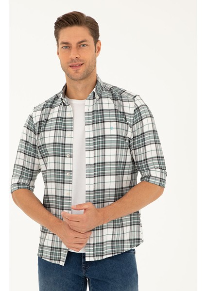 Su Yeşili Ekose Slim Fit Uzun Kollu Gömlek