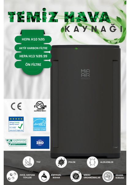 Miaair Compact Akıllı Hava Temizleme Cihazı | Ev, Ofis, Çocuk Odaları Ve Kalabalık Alanlar Için