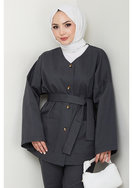 Kemerli Ceket Pantolon Gabardin Takım 1557 - Antrasit fırsatları