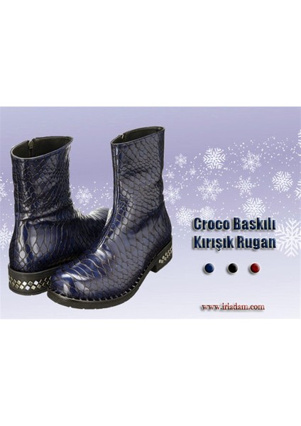 41,42,43,44 Lacivert Croco Baskılı Kırışık Rugan Sıcak Astarlı Rahat Kadın Büyük Numara Bot