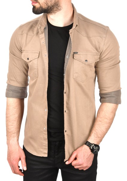 Slim Fit Pamuklu Cepli Kot Gömlek Çıtçıtlı Uzun Kollu Spor Gömlek 2502503