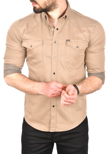 Slim Fit Pamuklu Cepli Kot Gömlek Çıtçıtlı Uzun Kollu Spor Gömlek 2502503 fiyatları