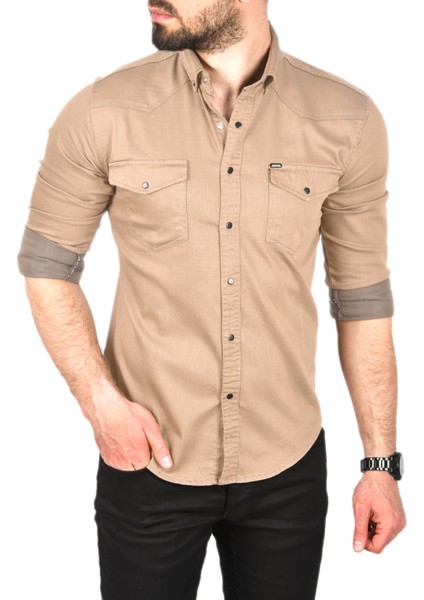 Slim Fit Pamuklu Cepli Kot Gömlek Çıtçıtlı Uzun Kollu Spor Gömlek 2502503 fırsatları