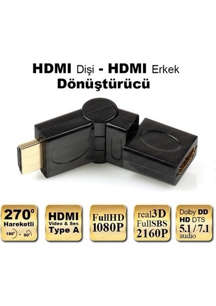 HDMI 270° Erkek – Dişi Köşe Adaptör – 4K Destekli, TV ve Monitör Uyumu fiyatları