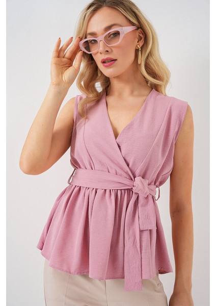 Kruvaze Yaka Kolsuz Bluz 966 - Pudra