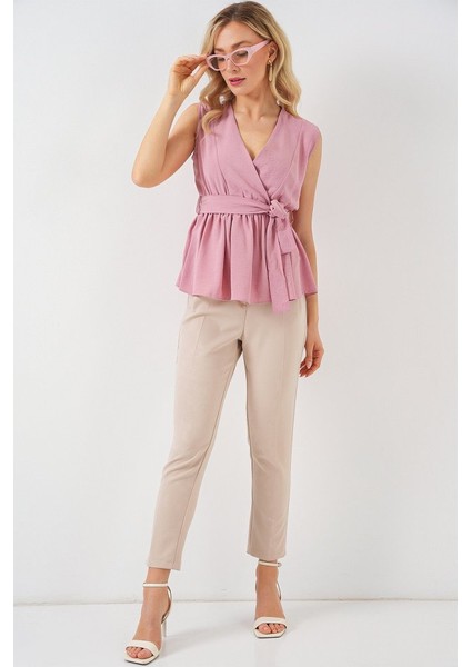 Kruvaze Yaka Kolsuz Bluz 966 - Pudra fiyatları