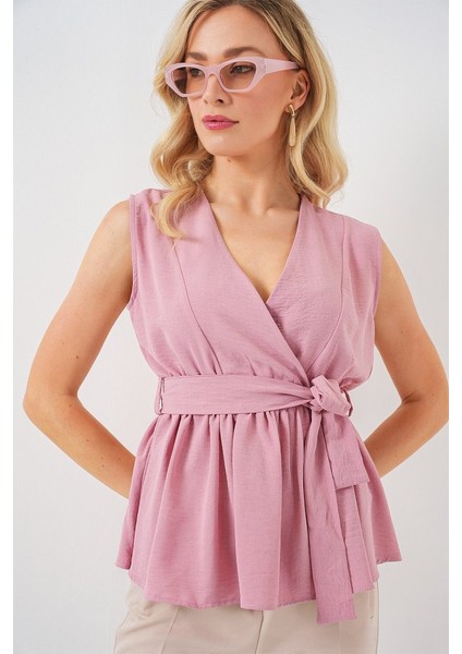 Kruvaze Yaka Kolsuz Bluz 966 - Pudra fırsatları