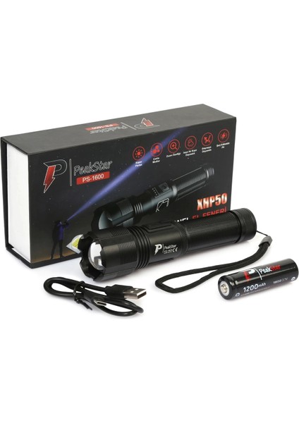 PS-1600 Süper Parlak LED Zoomlu 5 Mod Su Geçirmez Profesyonel Kamp Bekçi Avcı Feneri