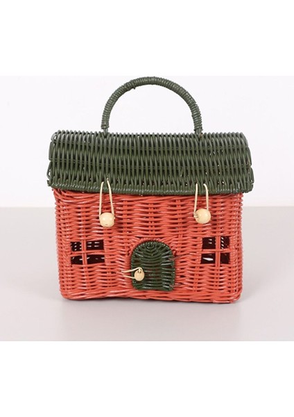 Renkli Ev 23X20X13 Cm. Rattan Ev Dekoratif Çanta- Sepet