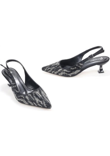 PS-32370 Kadın 4 cm Arkası Açık Taşlı Abiye Stiletto Ayakkabı