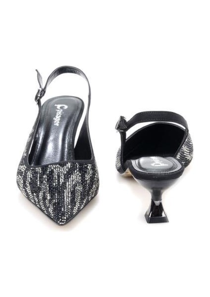 PS-32370 Kadın 4 cm Arkası Açık Taşlı Abiye Stiletto Ayakkabı